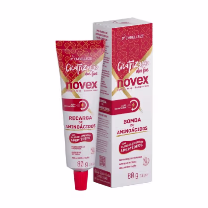 A imagem mostra a caixa e tubo da Máscara Novex Cicatrização dos Fios 80g, da marca Embelleze. As embalagens trazem tons de vermelho, branco e amarelo. O produto é descrito como uma "Recarga de Aminoácidos" com ação instantânea.
