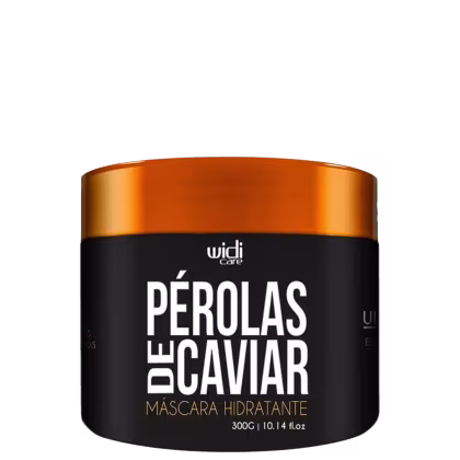 Frasco preto e laranja da marca Widi Care contendo uma máscara hidratante de Pérolas de Caviar, com rótulo destacando o nome do produto em letras grandes.