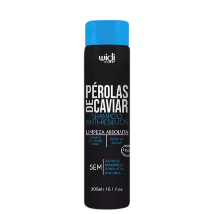 Frasco preto e azul da linha Widi Care, contendo shampoo anti-resíduos de pérolas de caviar. Destaca-se o texto "Pérolas de Caviar" e informações sobre a fórmula livre de sulfatos, parabenos e silicones.