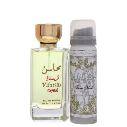 Perfume "Mahasin Crystal" e desodorante "Pure Musk", ambos com rótulos em árabe e inglês, da marca Lattafa