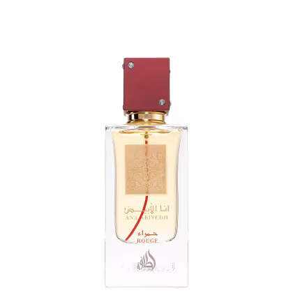 Frasco de perfume Lattafa Perfumes Ana Abiyedh Rouge, com embalagem retangular vermelha e dourada, contendo líquido claro. Rótulo com texto em árabe e inglês.