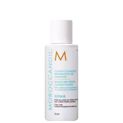 Frasco branco de 70 ml do condicionador reparador de umidade da marca Moroccanoil, com rótulo em cores azul e laranja indicando o nome do produto e suas propriedades.