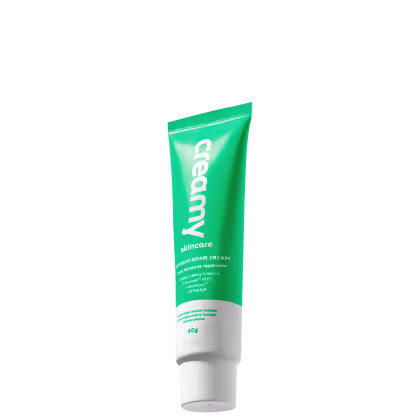 A imagem mostra uma bisnaga pequena de hidratante reparador verde com detalhe e tampa branca.