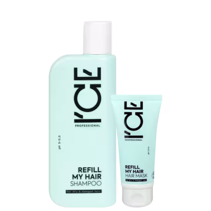 Dois frascos de produtos de cabelos da marca Ice Professional: um frasco branco com rótulo verde-menta contendo "Refill My Hair Shampoo" e um tubo branco com rótulo verde-menta contendo "Refill My Hair Hair Mask".