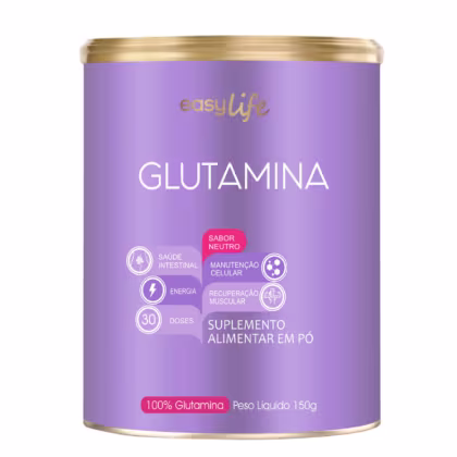 Suplemento alimentar em pó de glutamina em lata de metal dourada e roxa, com informações sobre benefícios e instruções de uso.