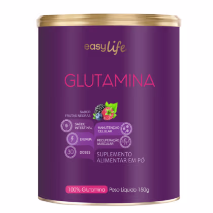 Suplemento alimentar em pó de glutamina, com sabor de frutas negras, em embalagem roxa e dourada da marca Easy Life, contendo 30 doses e informações sobre os benefícios do produto.