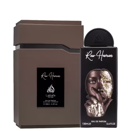 Perfume da marca Lattafa Perfumes, com embalagem preta e dourada, contendo frasco de 100ml e caixa de papelão marrom. O rótulo exibe o nome "Rawr Human" em letras brancas sobre fundo preto, com uma imagem dourada do rosto de uma pessoa.