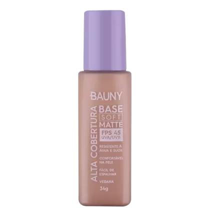 Frasco de base líquida da marca Bauny, com acabamento soft matte, FPS 45 e proteção UVA/UVB. Embalagem em tom lilás com rótulo branco destacando o nome do produto.