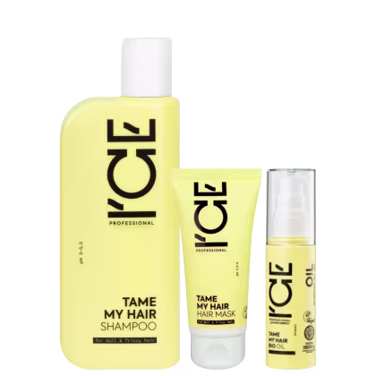 Conjunto de produtos de cabelo da marca Ice Professional, incluindo shampoo, máscara e óleo, em embalagens amarelas e brancas com texto preto destacado.