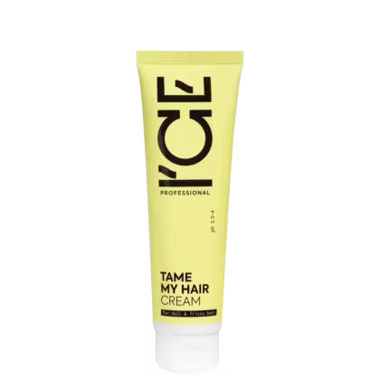 Bisnaga amarela com rótulo preto contendo a marca "Ice Professional" e o texto "Tame My Hair Cream" para cabelos opacos e rebeldes.