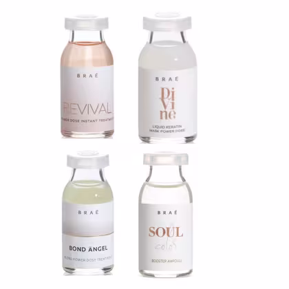 A imagem mostra quatro frascos de vidro transparente da marca Brae, contendo diferentes produtos de tratamento capilar. Os frascos têm tampas brancas e rótulos com o nome da marca e do produto.