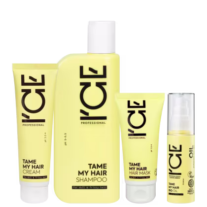 Conjunto de produtos para cabelos da marca Ice Professional, incluindo shampoo, máscara, creme e óleo, em embalagens de cores predominantemente amarela e branca, com rótulos exibindo o nome da marca e os nomes dos produtos.