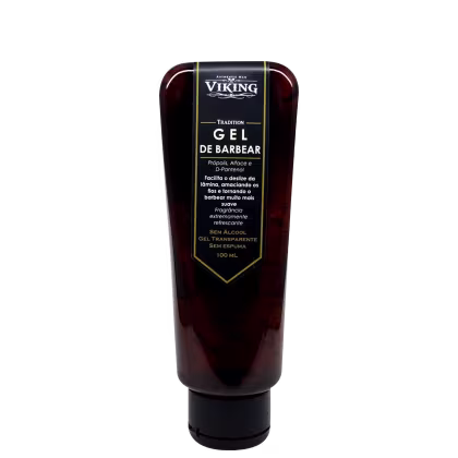 Gel de barbear da marca Viking, em embalagem de plástico transparente de cor marrom escura, com rótulo preto e dourado destacando a tradição e os ingredientes do produto.