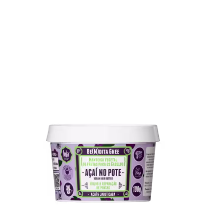 Pote branco com rótulo roxo e verde contendo manteiga vegetal de frutas para cabelos "Açaí no Pote", com destaque para os ingredientes açaí e jabuticaba.