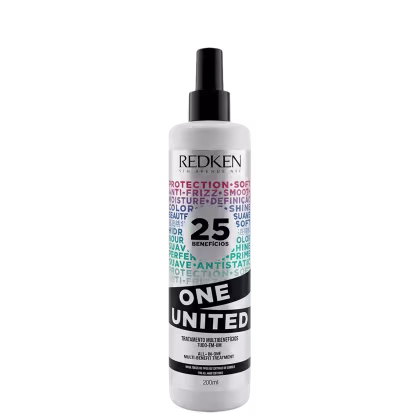 Frasco branco e preto da linha One United da Redken, um tratamento multifuncional com 25 benefícios para os cabelos, incluindo proteção, suavidade e brilho.