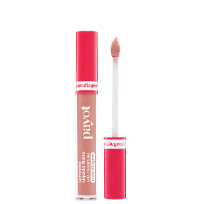 Frasco de maquiagem em tom rosado da marca Payot, com rótulo vermelho e texto "Camuflagem" em destaque, contendo um aplicador para aplicação do produto.