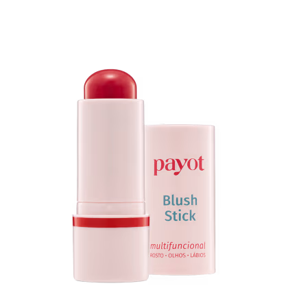 Bastão de blush rosa da marca Payot, com embalagem branca e vermelha, apresentando texto legível "Blush Stick" e "multifuncional" na parte frontal.