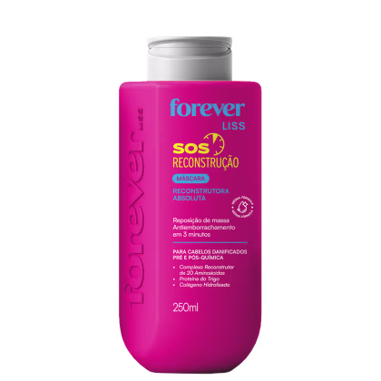 Frasco rosa de 250ml da máscara reconstrutora absoluta da linha SOS Reconstrução da Forever Liss, com informações sobre seus principais ingredientes e benefícios para cabelos danificados.