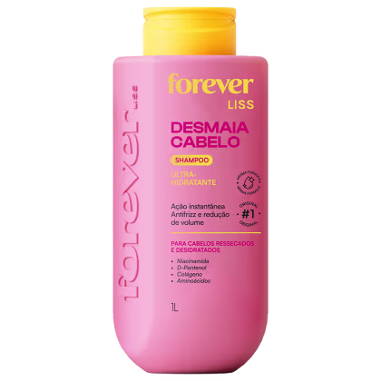 Frasco rosa com rótulo "Forever Liss Desmaia Cabelo" em amarelo, contendo shampoo ultra-hidratante para cabelos ressecados e desidratados, com ingredientes como niacinamida e colágeno.