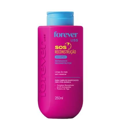 Frasco rosa de 250ml do shampoo reparador reconstrutor SOS da linha Forever Liss, com tampa azul e rótulo destacando os benefícios do produto para cabelos danificados.