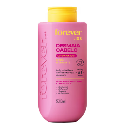 Frasco rosa com rótulo amarelo da linha Forever Liss, contendo 500ml de condicionador para cabelos ressecados e desidratados, com fórmula ultra-hidratante e ação instantânea para redução de volume.