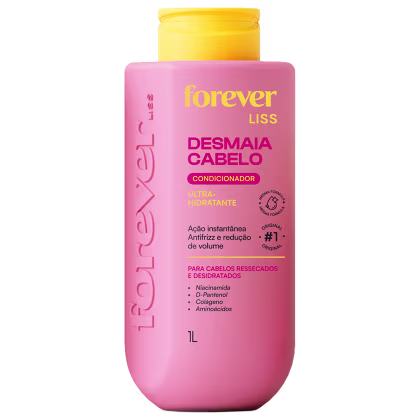 Frasco rosa da linha Forever Liss contendo condicionador Desmaia Cabelo, com informações sobre seus benefícios e ingredientes como niacinamida, D-pantenol, colágeno e aminoácidos.