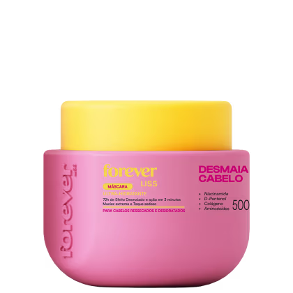 Máscara capilar rosa da linha Forever Liss, com embalagem em formato de pote e rótulo destacando os ingredientes Niacinamida, D-Pantenol, Colágeno e Aminoácidos.
