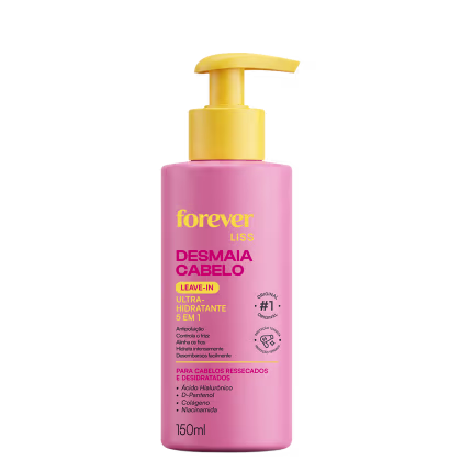 Frasco rosa com bomba doseadora amarela da linha Forever Liss, contendo leave-in ultra-hidratante 5 em 1 para cabelos ressecados e desidratados.
