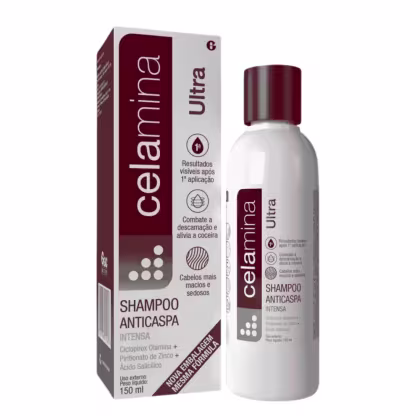 Shampoo anticaspa intenso da marca Celamina Ultra, em frasco branco e vermelho, com informações sobre seus ingredientes e benefícios na embalagem.