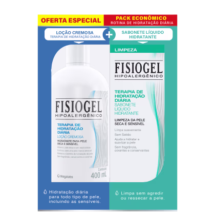 Kit com loção hidratante e sabonete líquido Fisiogel da linha Terapia de Hidratação Diária.