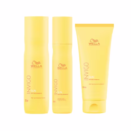 Três produtos de cuidados capilares da linha Wella Sun. Um shampoo de 250ml, um leave-in de 150ml e um condicionador de 200ml, todos em embalagens amarelas.