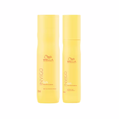 Dois frascos amarelos para proteção e cuidado capilar após exposição ao sol da linha Wella Professionals Invigo Sun. Um frasco é identificado como "After Sun Cleansing Shampoo" de 250ml. O outro é um leave-in spray de 150ml.