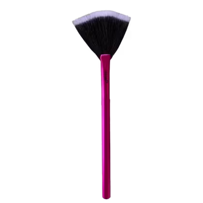 Pincel de maquiagem com cabo rosa e cerdas pretas em leque, da marca Hills Beauty, para remoção de maquiagem.
