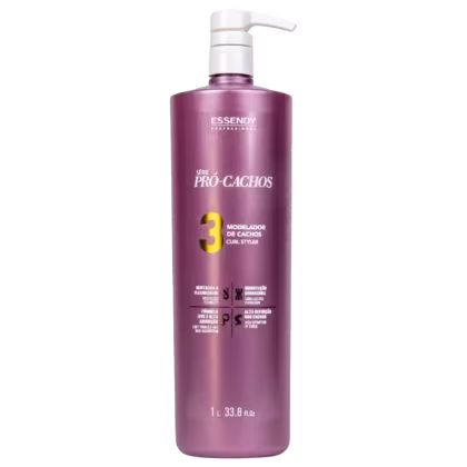 Modelador de cachos da série Pro-Cachos da marca Essendy. O rótulo indica que se trata do modelador de cachos número 3 da linha, com informações sobre os benefícios do produto. O frasco possui um dispensador na parte superior.