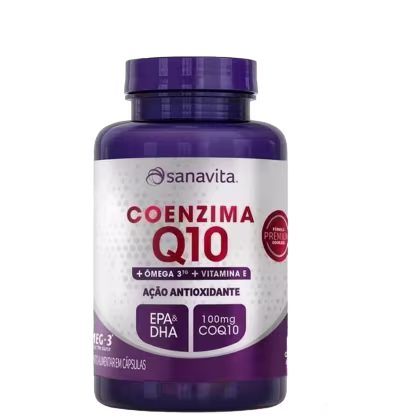 Frasco de cápsulas Sanavita contendo Coenzima Q10 com Ômega 3 e Vitamina E, com rótulo em cores roxas e brancas destacando os benefícios antioxidantes do produto.