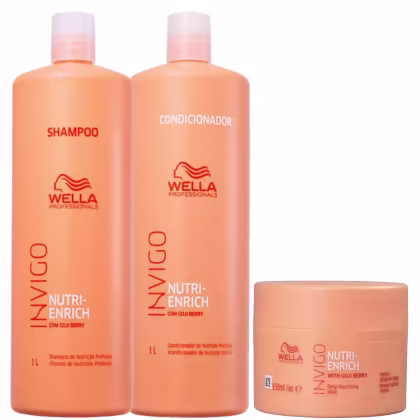Shampoo e condicionador Nutri-Enrich com Goji Berry da linha Wella Professionals. Dois frascos de 1 litro cada, na cor laranja claro. Rótulos com o nome do produto "Shampoo" e "Condicionador" em letras brancas. Ao lado uma uma máscara capilar de 150ml.