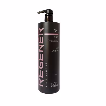 Shampoo purificante da linha No.4 Purify da marca K.Pro. Embalagem plástica preta opaca com bomba dosadora. Rótulo com o nome do produto "Purify" e a marca "K.Pro" em letras rosa e brancas.