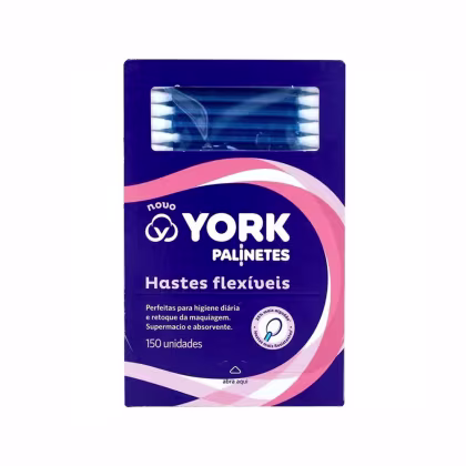 Caixa azul contendo 150 unidades de hastes flexíveis da marca York, destinadas à higiene diária e retoque da maquiagem. Produto com design moderno e informações sobre suas características na embalagem.