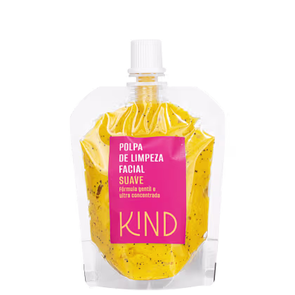 A imagem mostra um frasco transparente, com tampa branca de rosquear, contendo uma polpa de cor amarelada. O rótulo do produto indica o tipo de produto, e marca em evidência.