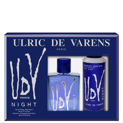 A imagem mostra uma caixa retangular azul escura com detalhes brancos e o nome da marca e linha em letras maiúsculas. Contém um frasco de perfume em vidro azul transparente de 100ml e um frasco de desodorante corporal spray de 200ml.