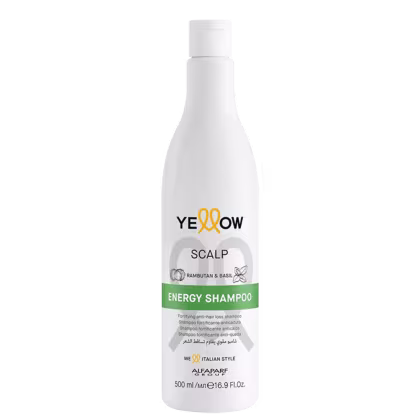 Frasco branco de 500 ml de shampoo energizante Yellow Scalp, com rótulo destacando os ingredientes Rambutan e Basil, e informações sobre o produto em diferentes idiomas.