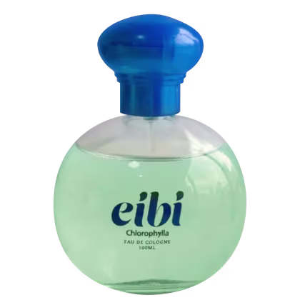 Frasco de colônia Eibi Chlorophylla com 100ml, em embalagem de vidro transparente e tampa azul, com rótulo em fundo verde claro e texto azul escuro.