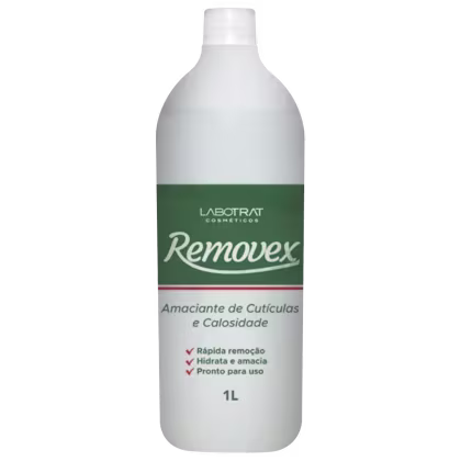 O produto apresentado é um removedor de cutículas e calosidades da marca Labotrat. A embalagem é um frasco branco com uma tampa verde. Volume de 1L.