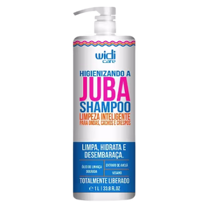 Embalagem plástica branca com bomba dosadora. Rótulo com texto destacando "Limpeza Inteligente para Ondas, Cachos e Crespos". Cores predominantes são branco, rosa, azul e detalhes em laranja.