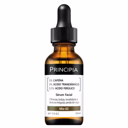 Frasco de soro facial da marca Principia, com 30ml de volume, contendo 5% de cafeína, 3% de ácido tranexâmico e 0,5% de ácido ferúlico. Rótulo preto e laranja destaca os principais ingredientes e benefícios do produto.