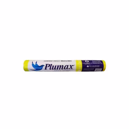 Rolo de papel higiênico da marca Plumax, com embalagem amarela e azul, contendo informações sobre o tamanho do produto (50cm x 50m).