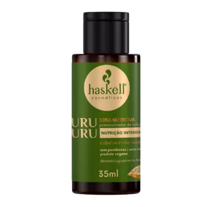 Frasco de 35ml da linha Murumuru da marca Haskell. Possui um design preto com um rótulo verde e amarelo, exibindo o nome do produto e informações sobre sua composição e benefícios, como "Seiva nutritiva" e "Nutrição intensa".
