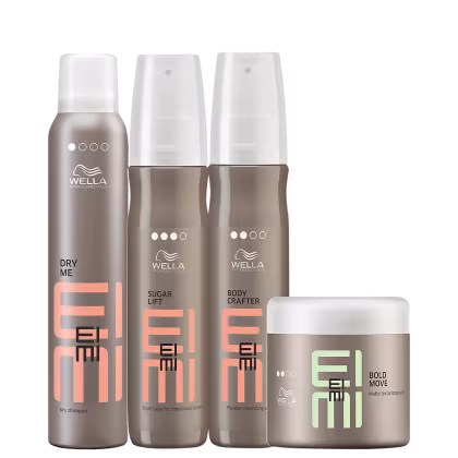 Kit com shampoo a seco, sprays de volume e pasta modeladora EIMI da marca Wella Professional