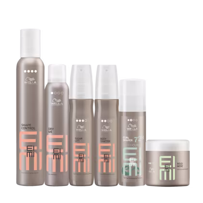 A imagem mostra 6 produtos de Wella Professionals da linha EIMI. São 5 frascos cilíndricos em spray e um pote redondo, todos na cor marrom.