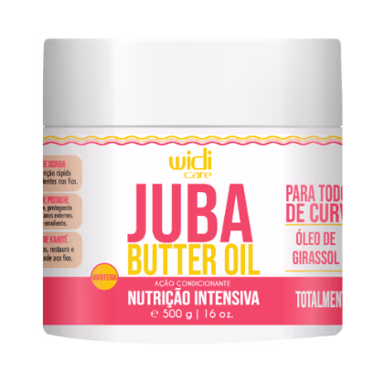 Manteiga de óleo de karité (butter oil) embalada em um pote plástico branco com detalhes em vermelho e amarelo. A embalagem tem formato cilíndrico e contém 500g. O rótulo destaca que é um tratamento nutritivo intensivo à base de óleo de girassol.